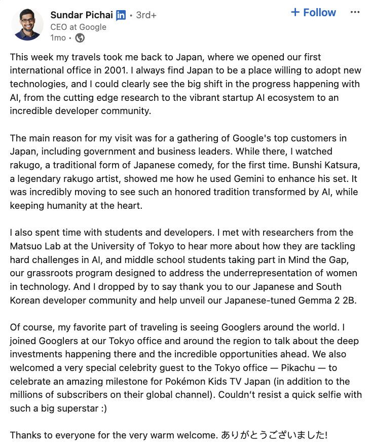 A LinkedIn post from the CEO of Google about a week he spent traveling in Japan on behalf of the company