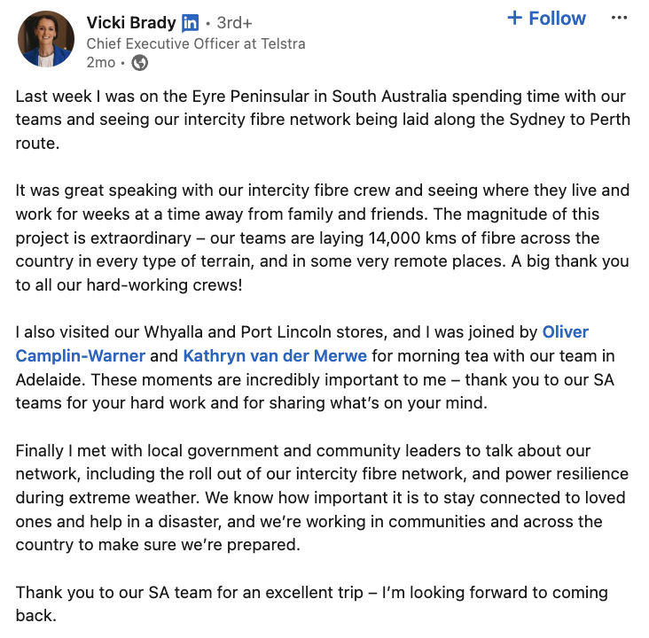 A LinkedIn post from Telstra's CEO about her time visiting South Australia with teams on the frontlines who are building their intercity fiber network