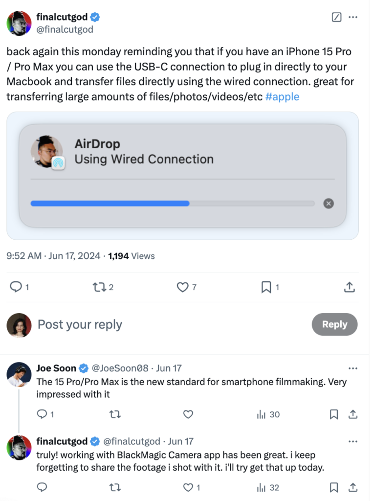 An X post from a consumer reminding other Apple users about USB-C ports in the iPhone 15 lineup and how to use them