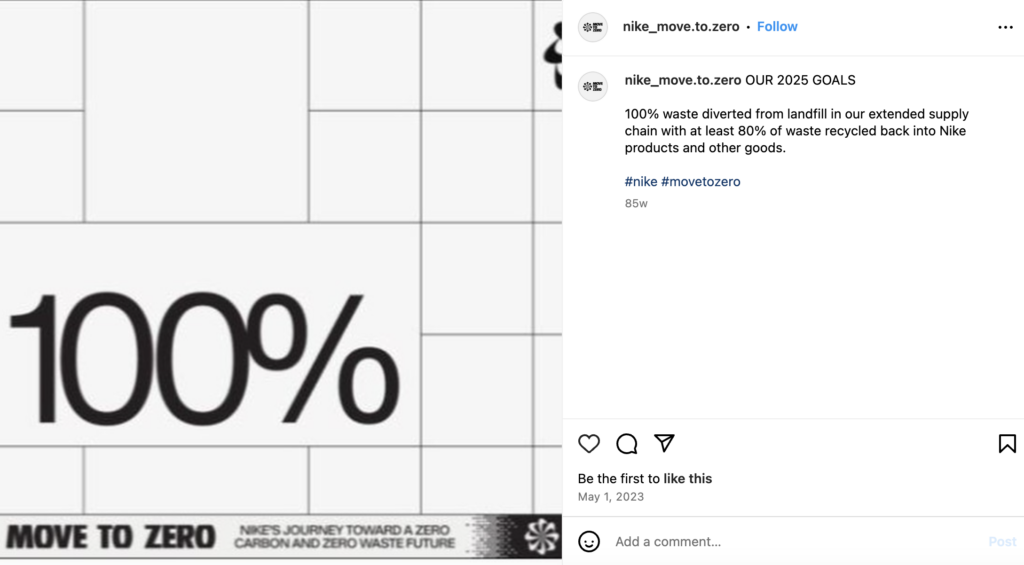 An Instagram from Nike from its Move to Zero campaign. The post mentions how they plan to use 100% renewable energy by 2025.