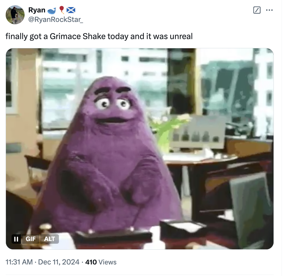 A X post that shows consumers rejoicing after McDonald's decided to relaunch the Grimace Shake in the UK in December 2024 for a two-week period.