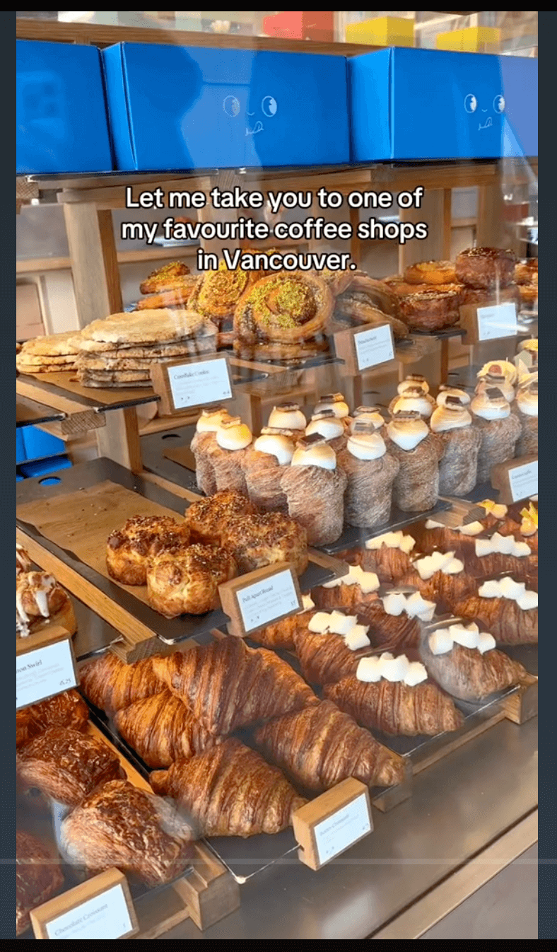 TikTok video screenshot featuring baked goods in a coffee shop