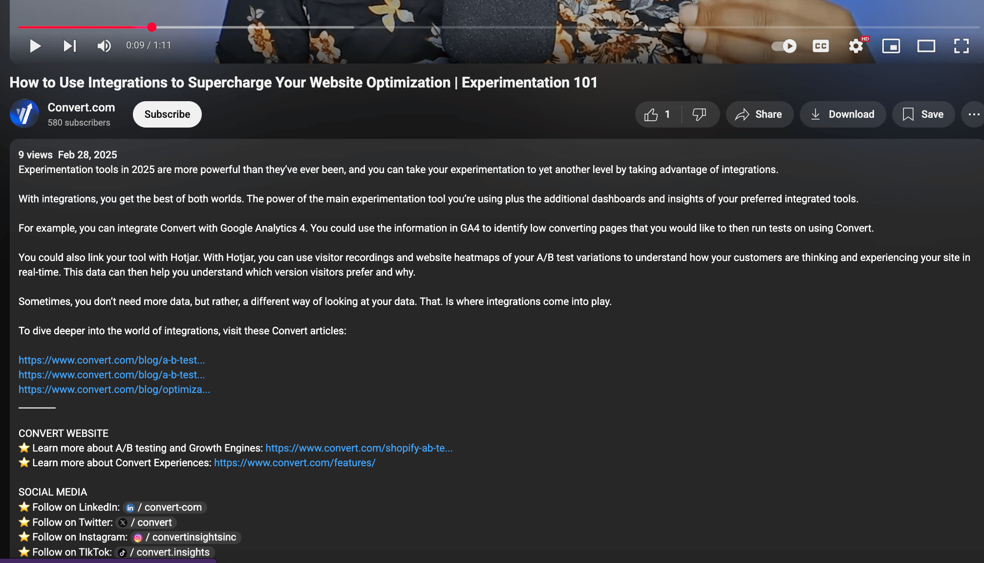 A screenshot of a Convert.com YouTube video displaying three CTA links in the description box