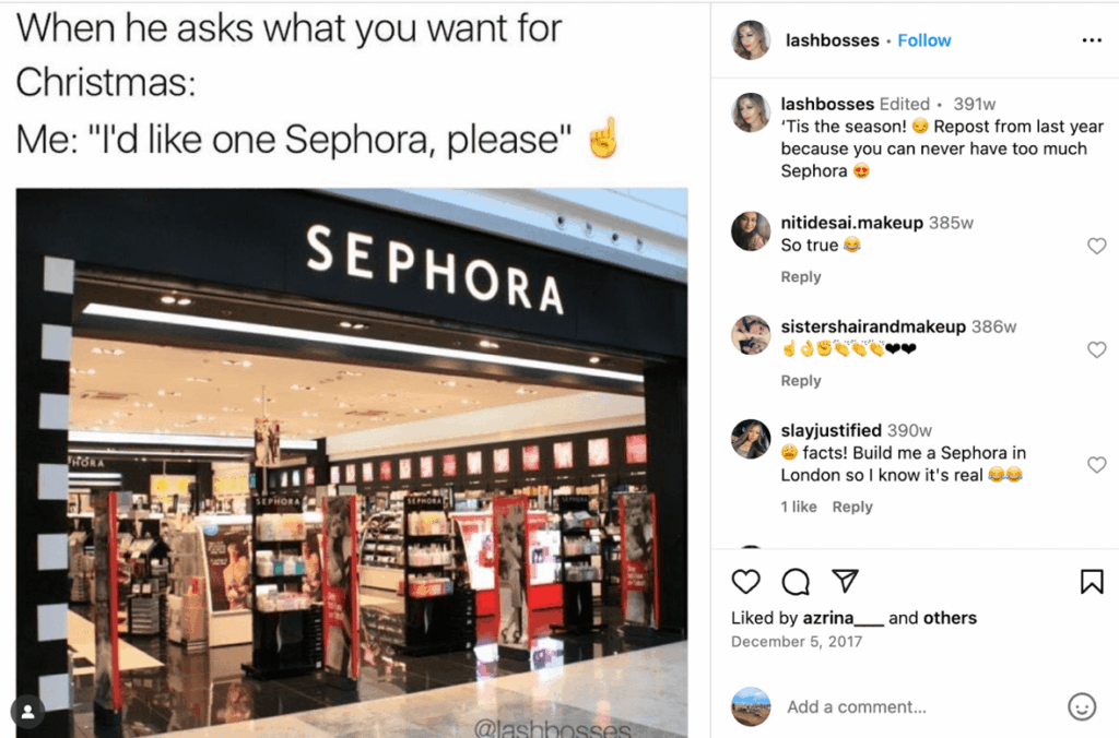 A branded meme about Sephora posted by a content creator.