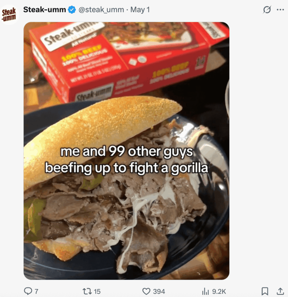 An X post by meat company Steakumm featuring a meme.