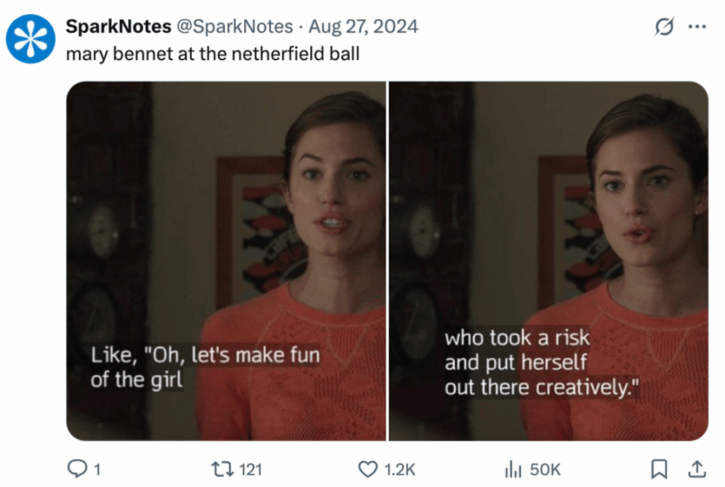 SparkNotes social post featuring a meme
