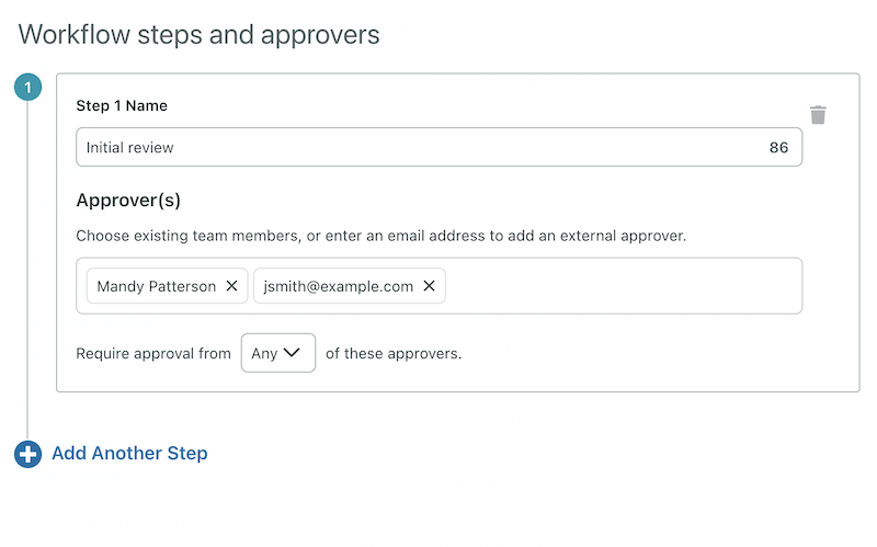 The workflow steps and approvers panel featuring the specific step name and approvers selection box