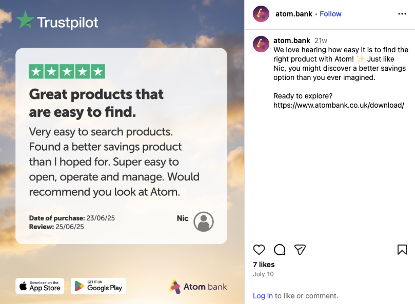 Atom Bank’s Instagram post of a graphic of a Trustpilot review praising its simple app and savings products 