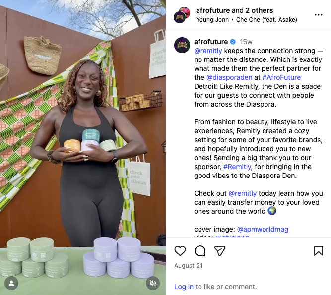 Remitly’s Instagram post shows a woman smiling while holding small jars, showcasing the brand’s partnership with AfroFuture 