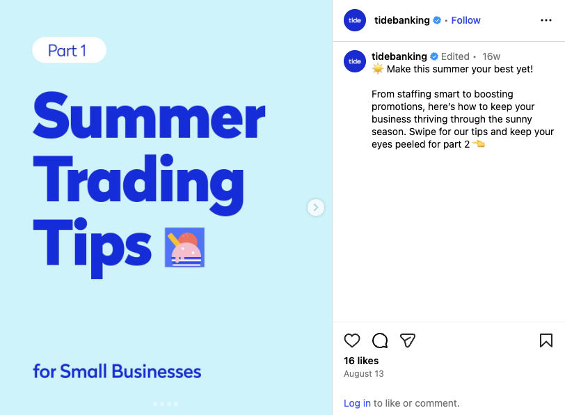 Tide’s Instagram carousel with an overlay that says: Summer Trading Tips for Small Businesses in bold text 
