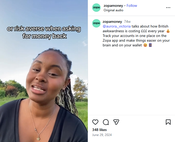 Zopa’s Instagram Reel pairs YouGov statistics with a relatable British issue to persuade customers to use the app 