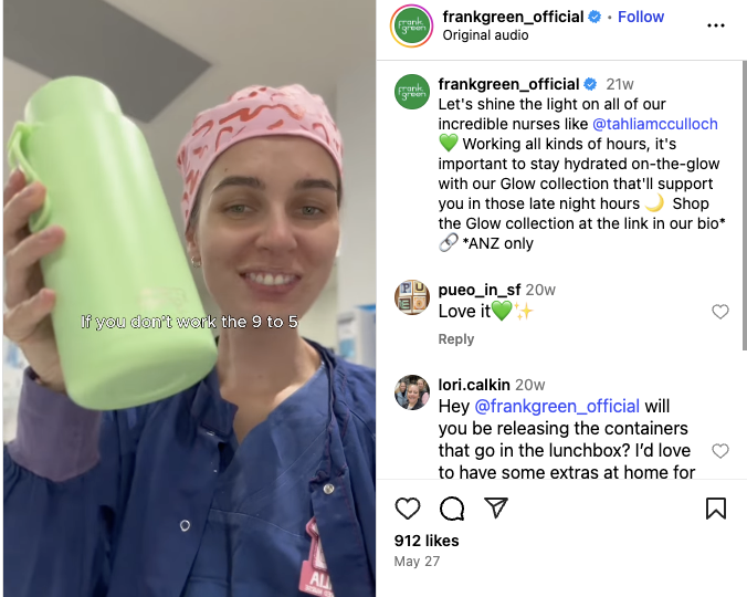 An Instagram post that shows a Frank Green customer using the company’s product 