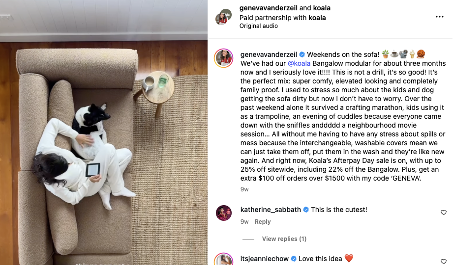 Koala partnered with influencer Geneva Vanderzeil to promote its modular sofa with a custom discount code ‘GENEVA’