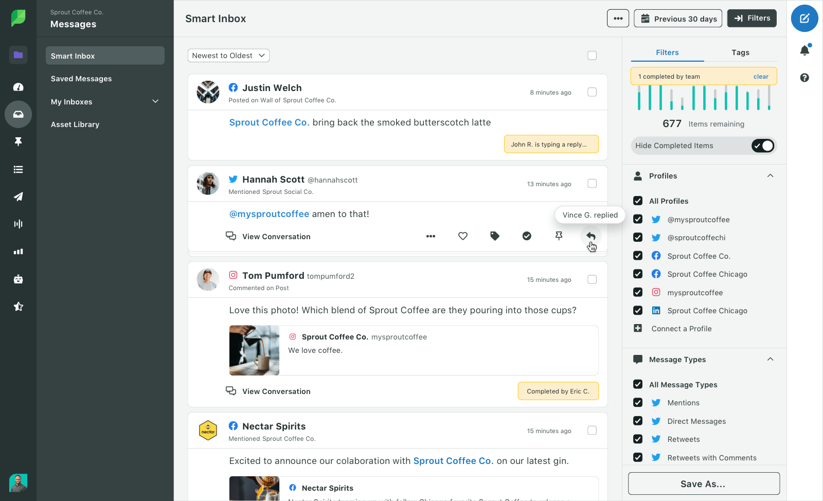 Messages inside Sprout Social's Smart Inbox where you can reply to a message directly