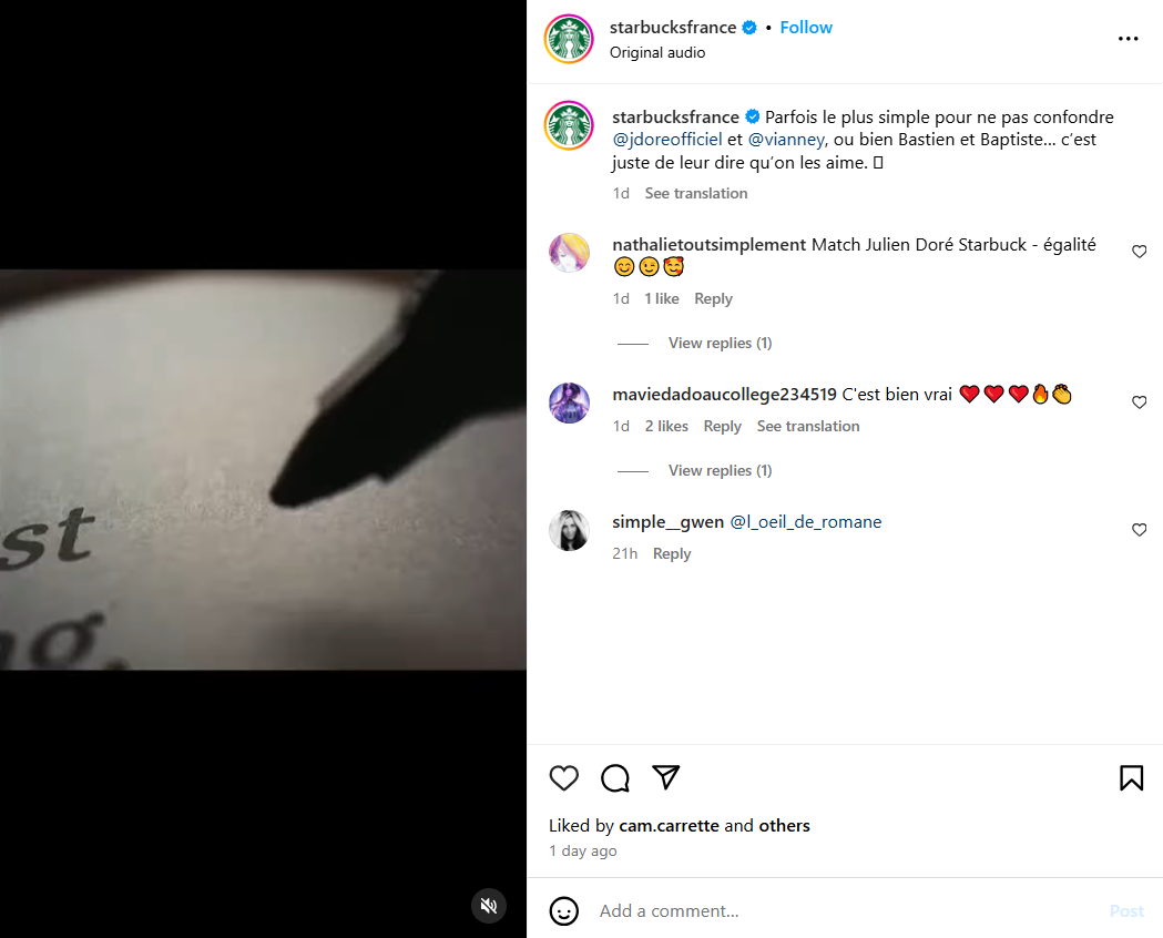 A Starbucks France tailors post on Instagram for its French-speaking audience. 