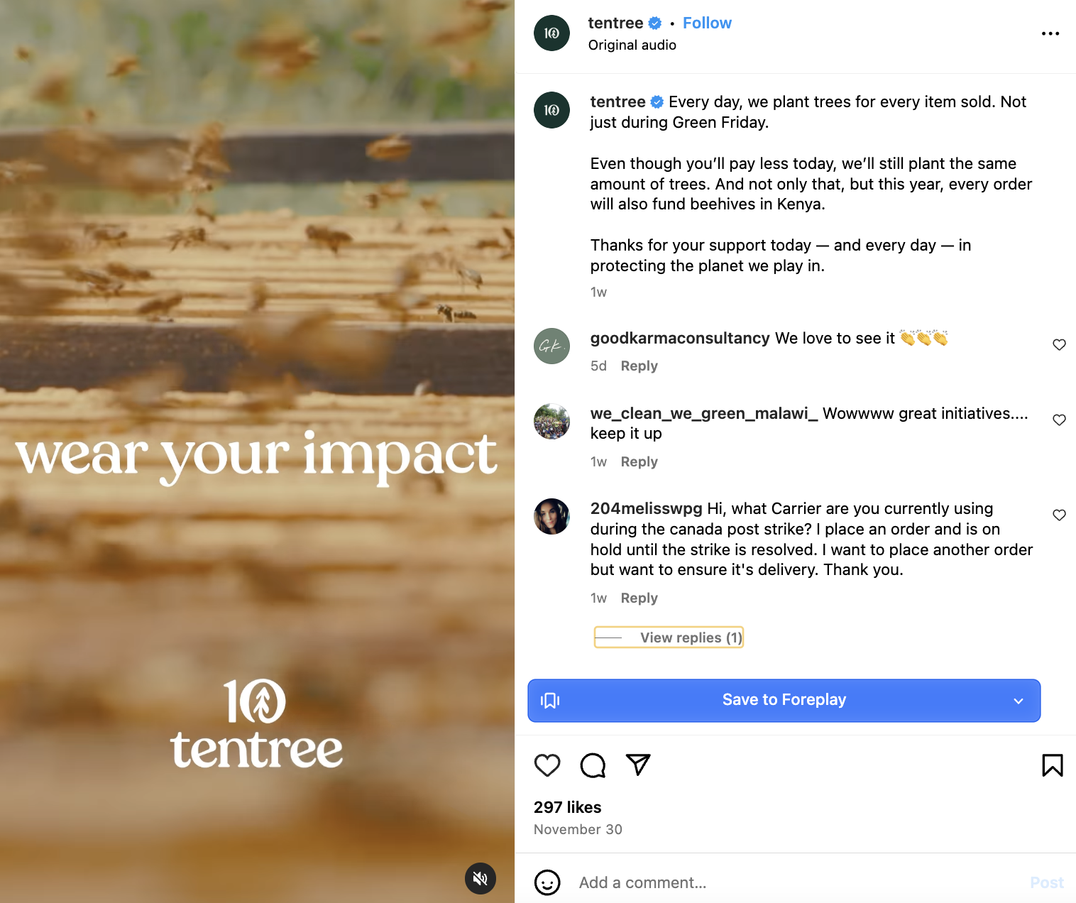 Instagram post from tentree showing text that reads "wear your impact" and a caption explaining how the brand plants trees for every purchase