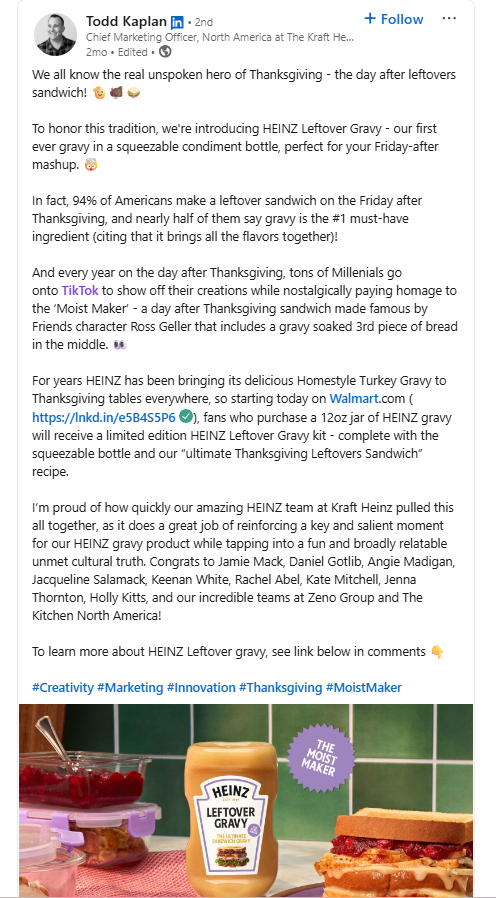 A LinkedIn post from Todd Kaplan promoting Heinz’s new “Leftover Gravy” sauce.