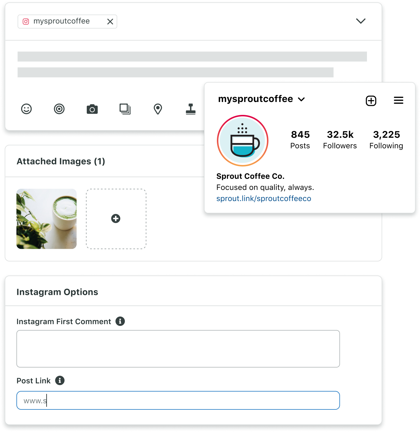 Zusätzlich zu den ersten Kommentaren in den Instagram-Optionen können Sie einen Beitrags-Link direkt in „Verfassen“ hinzufügen, wenn Sie einen neuen Instagram-Inhalt verfassen.​​ 