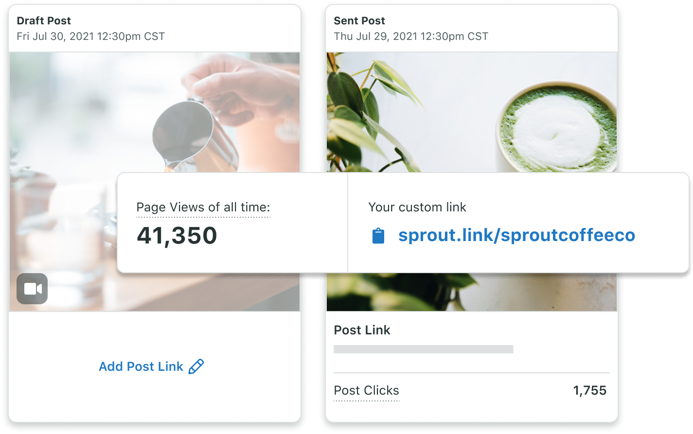 Wenn Sie einen genaueren Blick auf den Tab „Link in Bio“ von Sprout werfen, finden Sie Optionen zum Hinzufügen von Content-Links zu neuen und bereits veröffentlichten Beiträgen sowie Daten zu Seitenaufrufen und Klicks auf Beiträge.​​ 