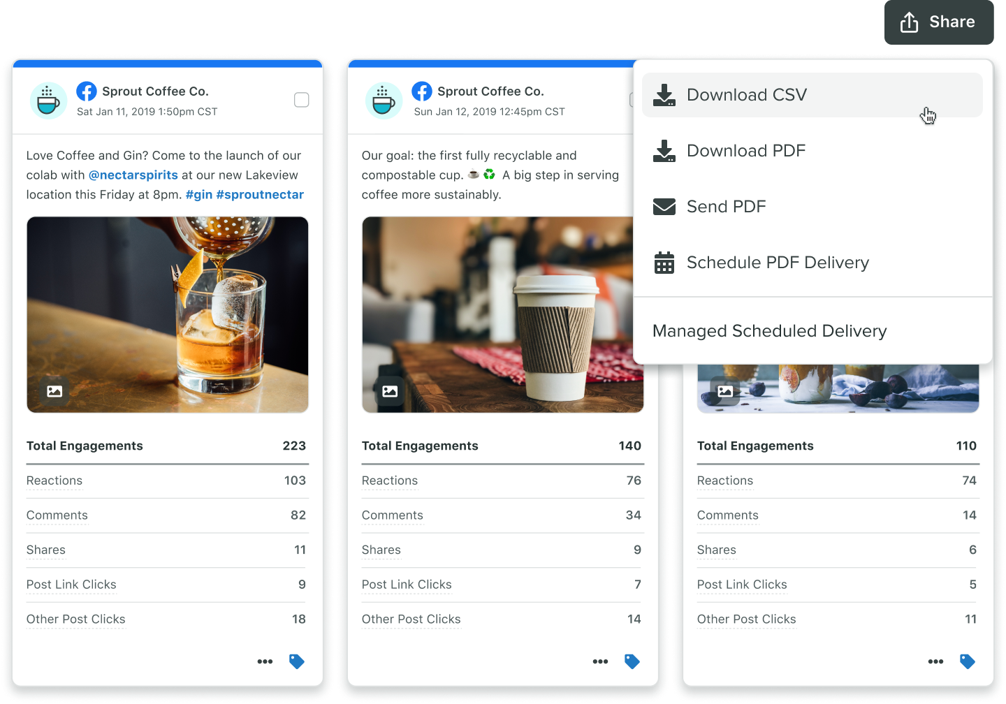 Le rapport Sprout de performance des posts sur plusieurs réseaux indique quels sont vos posts les mieux classés, avec leur taux d'engagement et leurs mesures de performance clés. Affichez ce rapport directement dans Sprout ou exportez-le au format PDF.​​ 