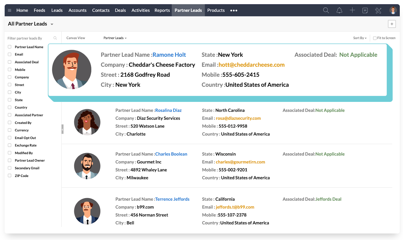The Zoho CRM All Partner Leads screen shows contact information such as the lead’s name, company, address, email and phone number. 